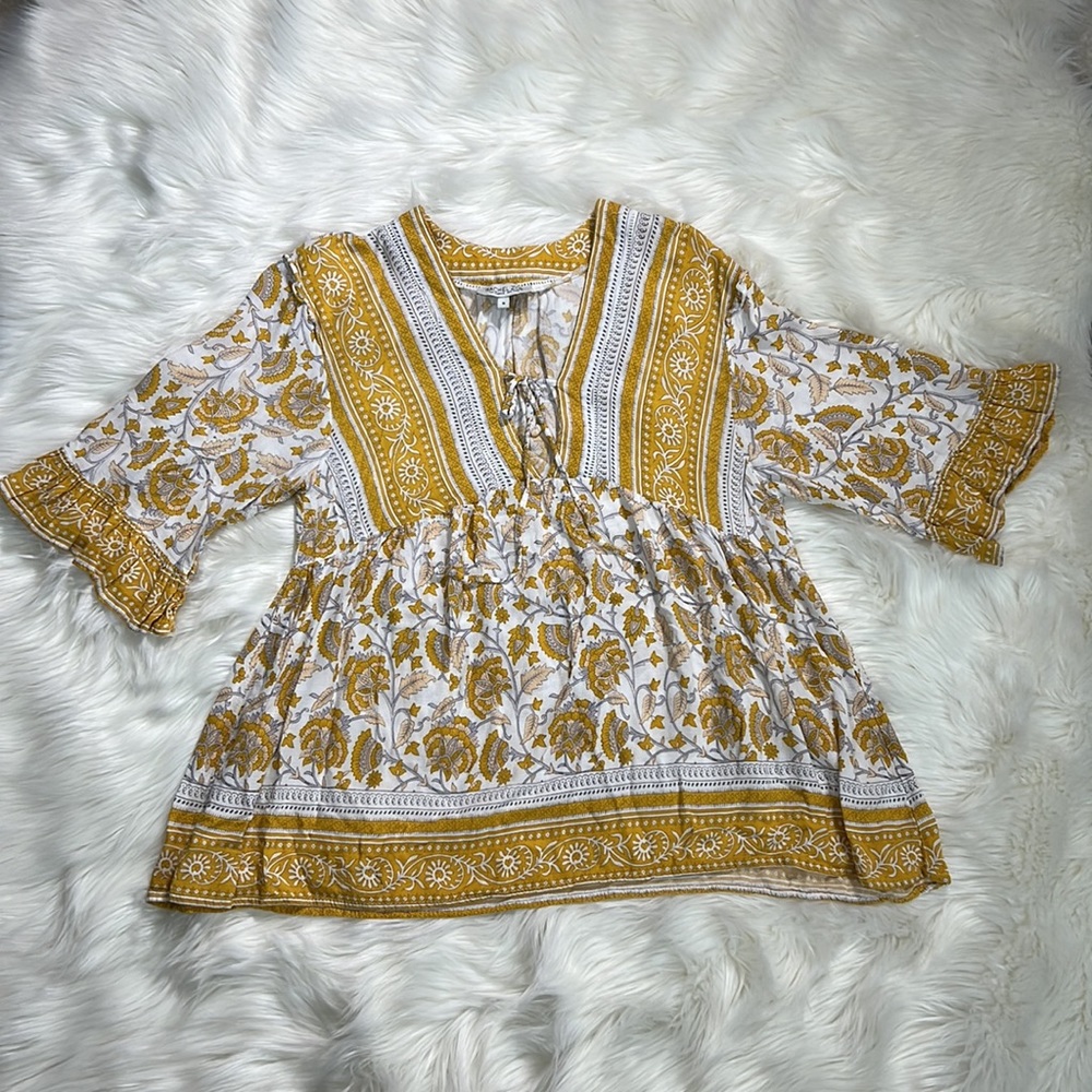 Rachel Zoe Boho Ruffle Trumpet Yellow/White Floral Tunic Top Women's Sz S